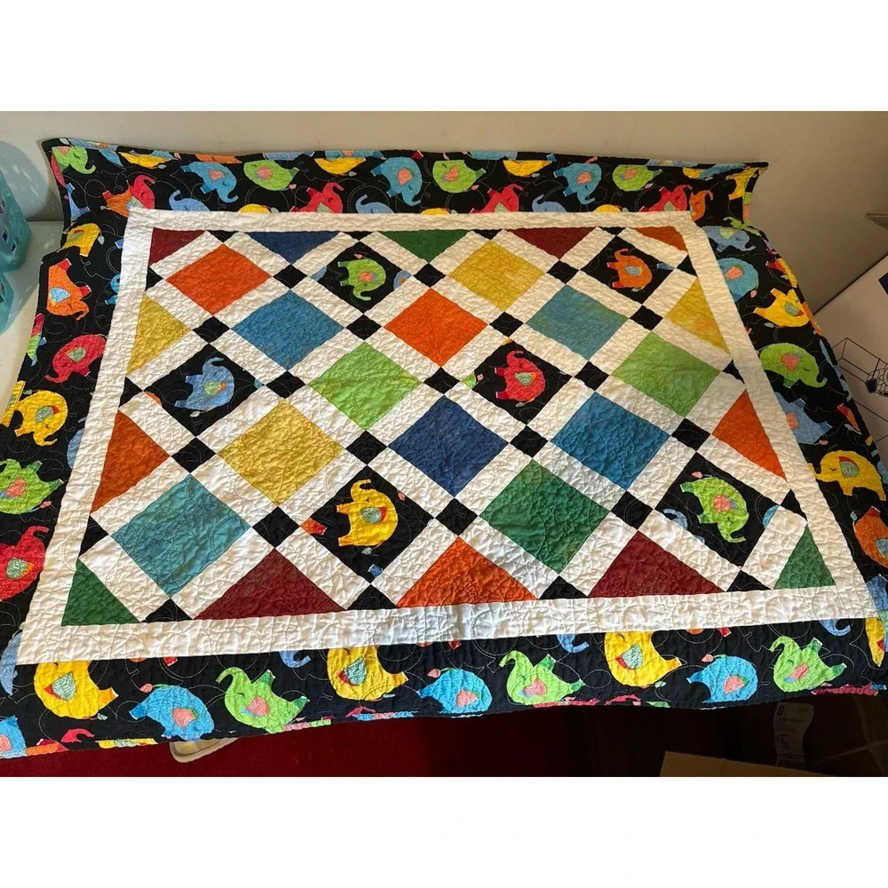Beautiful! Handmade Multiple Colors Elephant Patchwork Baby Quilt 33 1/2x40 1/2